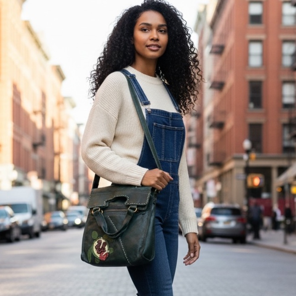 Lucky Brand Abbey Road Hibiscus Honu Green Leather Shoulder Bag